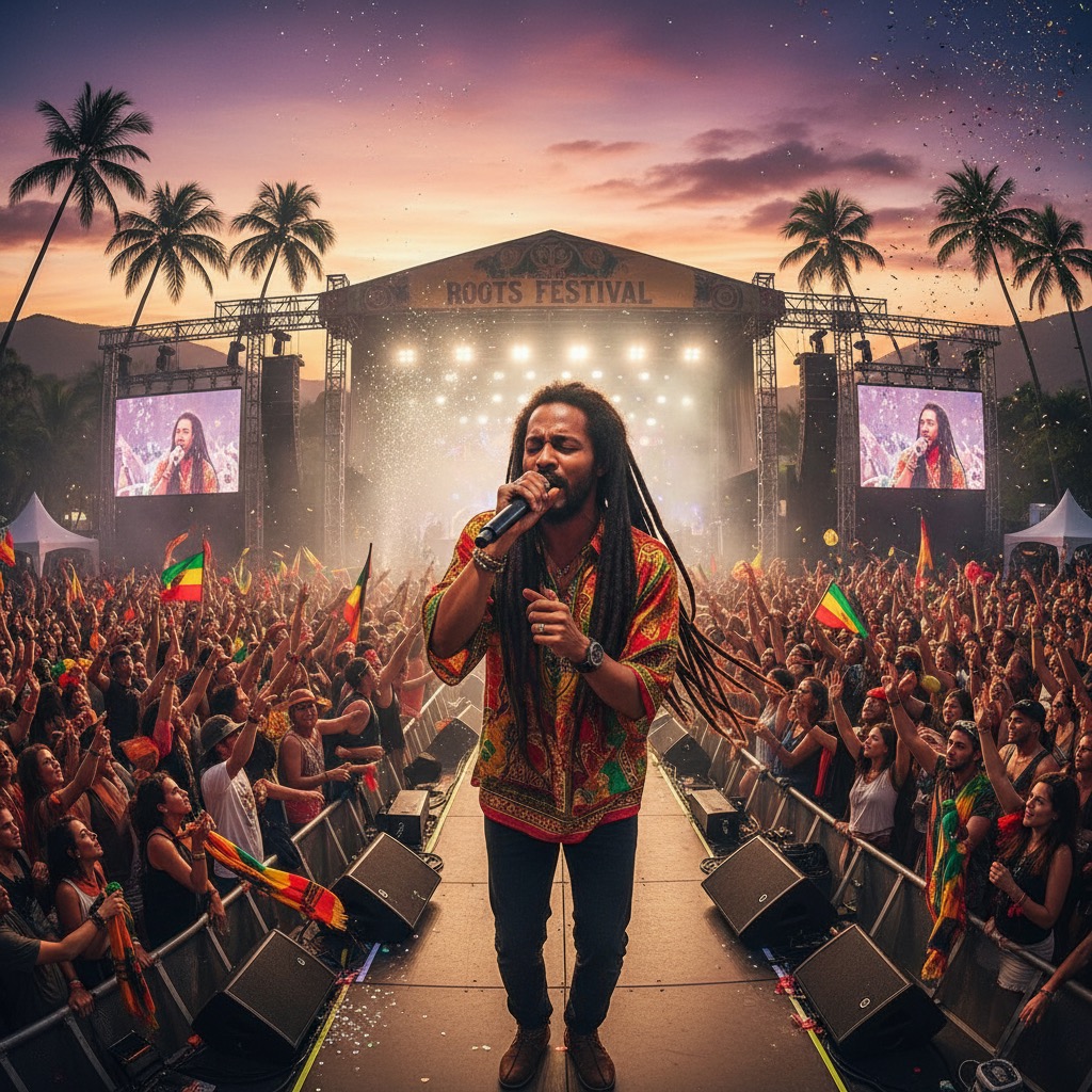 A musician with dreadlocks performs on stage at the Roots Festival before a large, cheering crowd under palm trees at sunset.