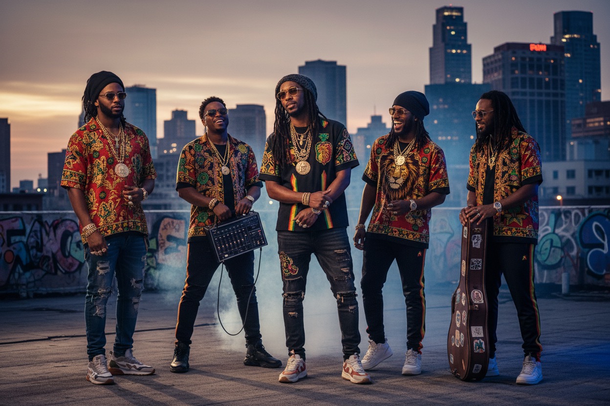 Five men dressed in stylish, patterned streetwear stand on a rooftop overlooking a city skyline at sunset.